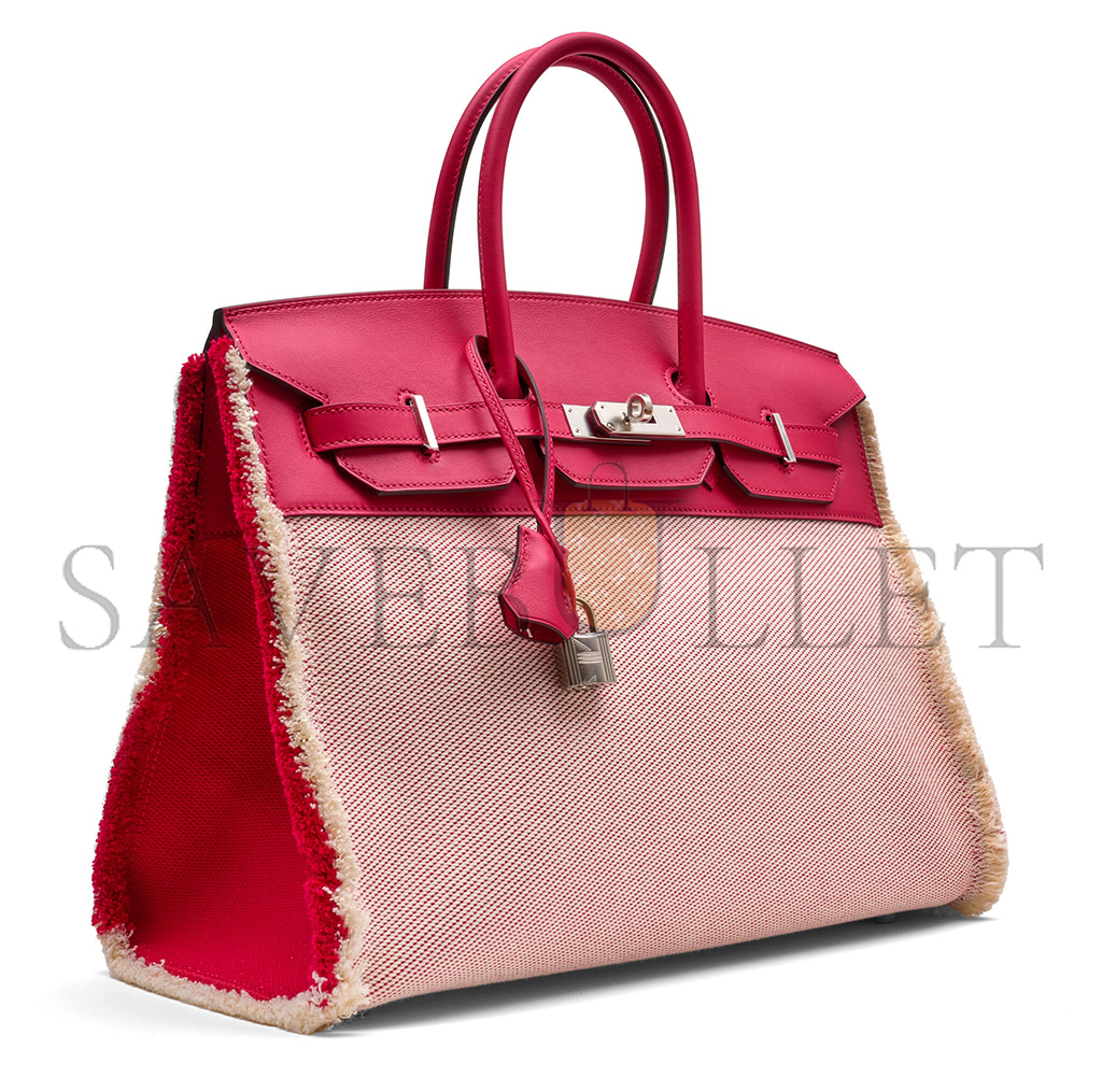 HERMÈS MASTER BIRKIN 35 SWIFT LEATHER CASE RASPBERRY CANVAS TASSELS SILVER BUCKLE H082686CK26 (35*25*18cm)